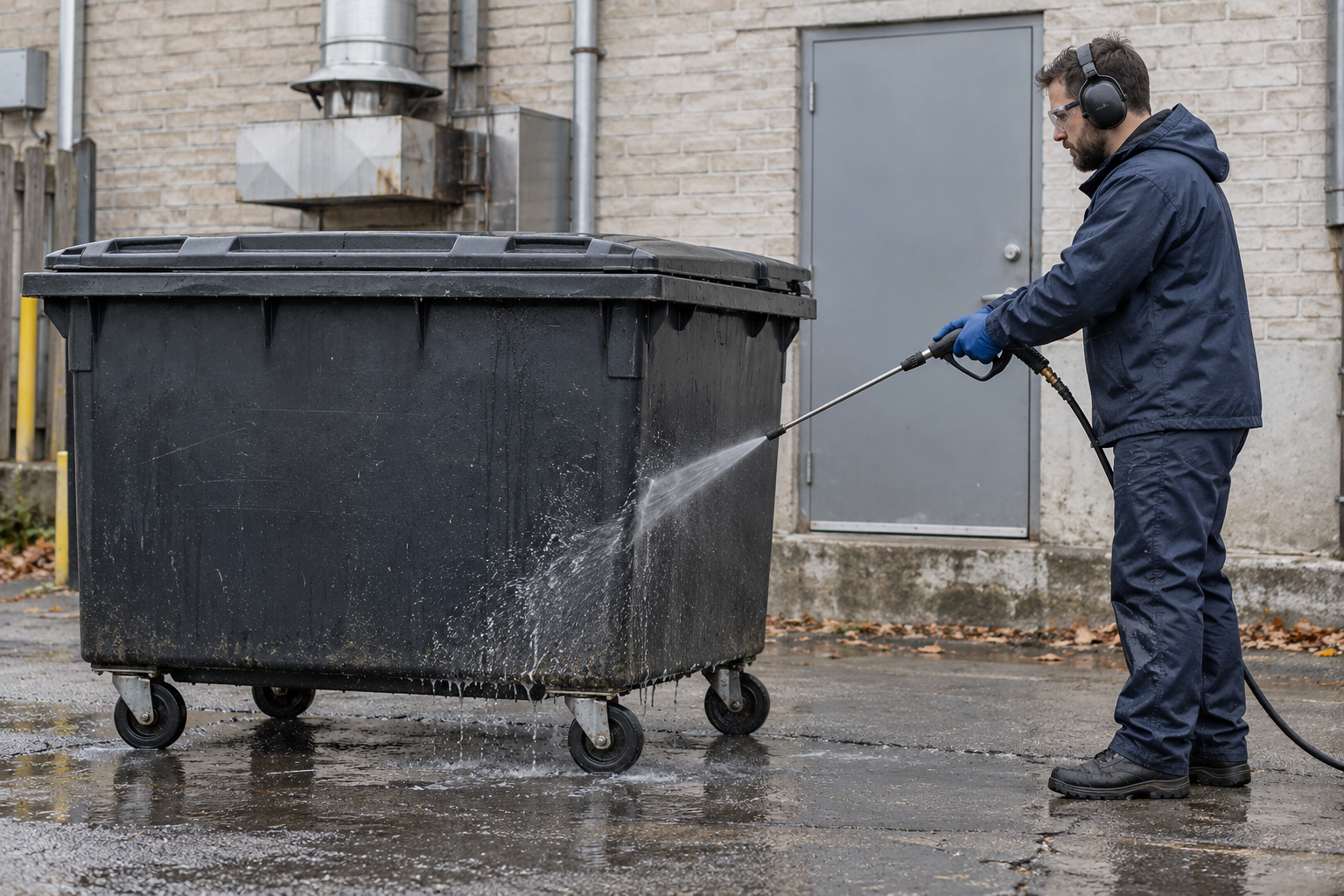 Vue latérale du lavage extérieur d’un grand bac commercial à quatre roues.