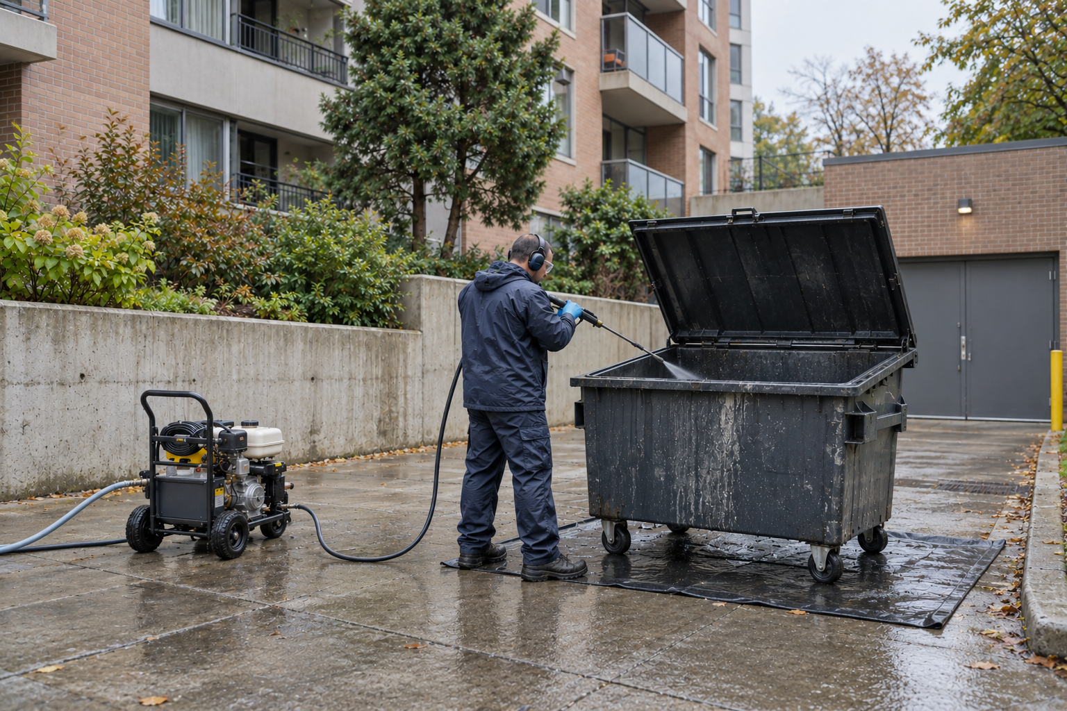 Professionnel nettoyant un grand bac commercial à quatre roues, avec son matériel visible.