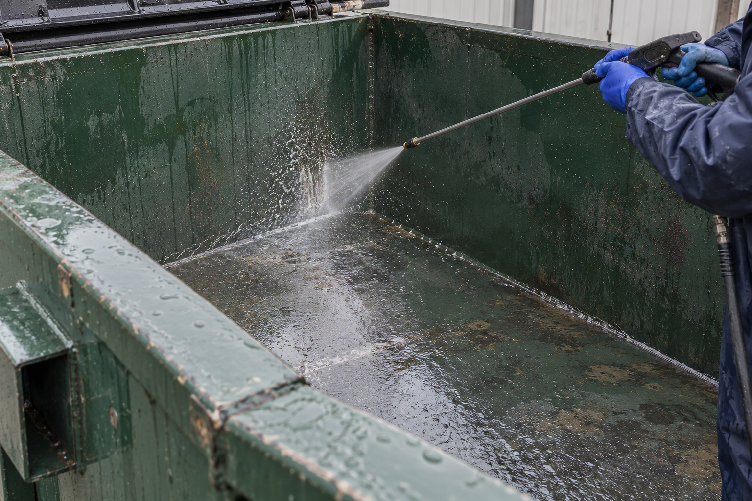 Vue rapprochée du lavage intérieur d’un grand conteneur industriel en acier.