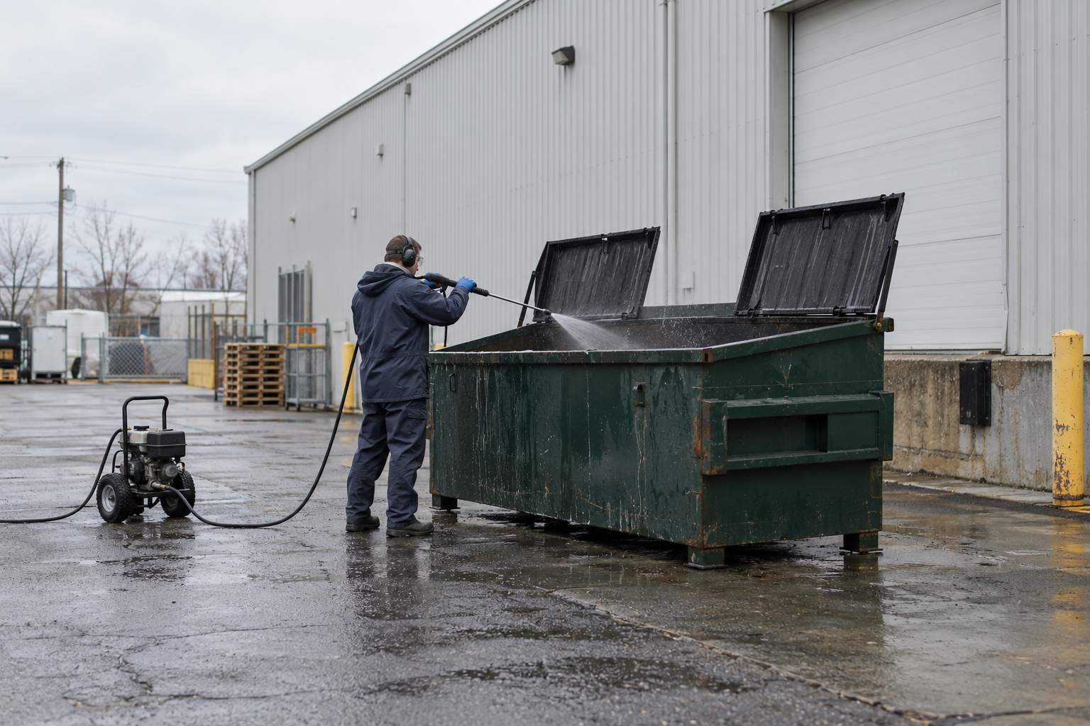 Professionnel nettoyant un grand conteneur industriel en acier sur pieds fixes.
