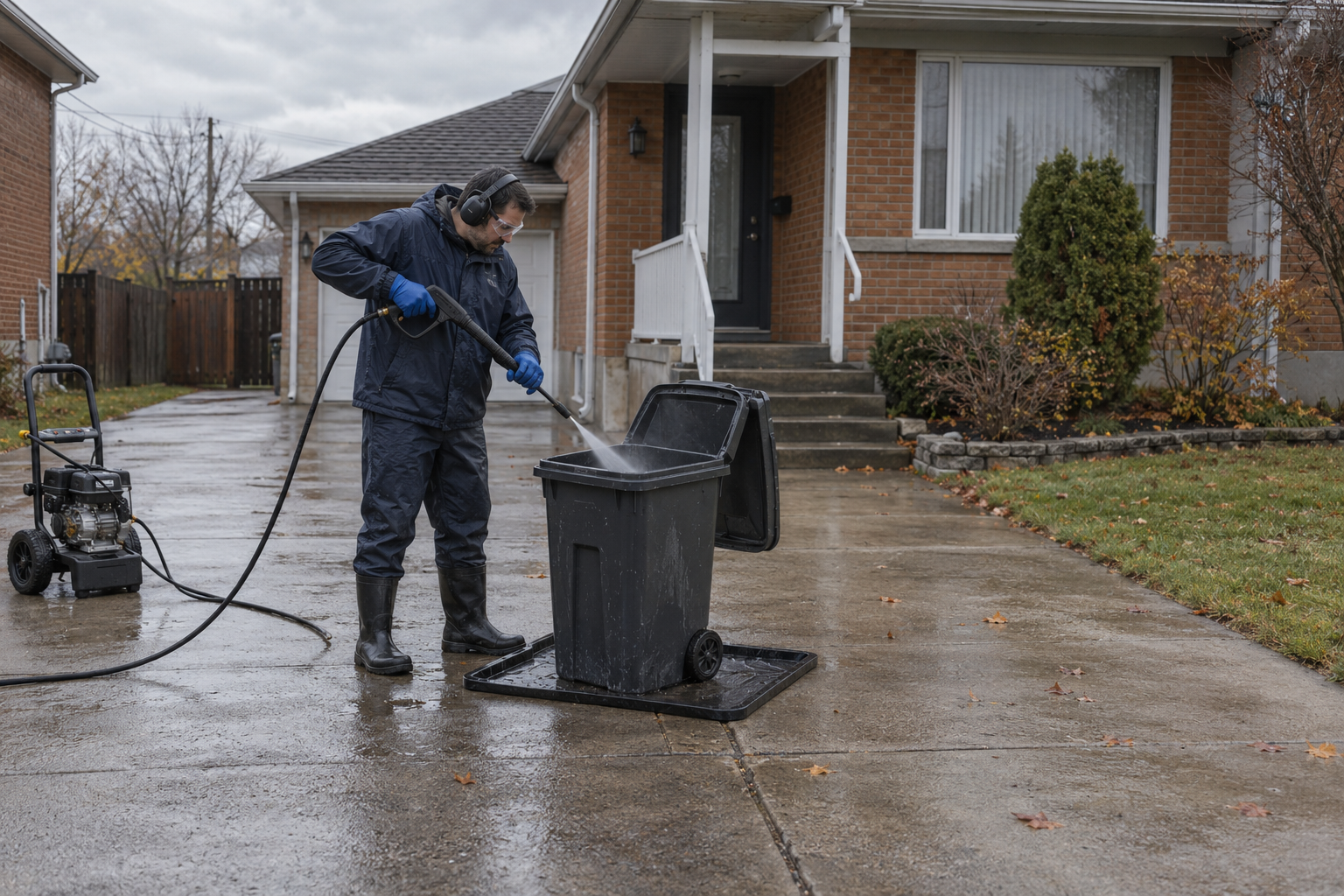 Profesional equipado limpiando un contenedor doméstico pequeño frente a una casa.